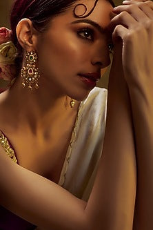 Gold Finish Kundan Polki & Multi-Colored Stone Temple Dangler Earrings