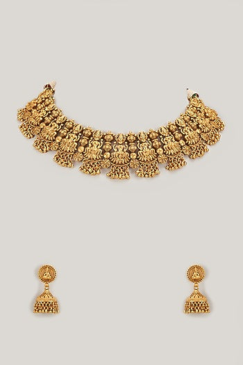 Gold Finish Kundan Polki Temple Necklace Set