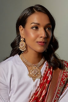 Gold Finish Kundan Polki & Multi-Colored Stone Temple Necklace Set