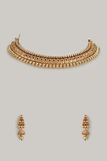 Gold Finish Red Stone Temple Necklace Set