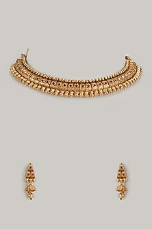 Gold Finish Red Stone Temple Necklace Set