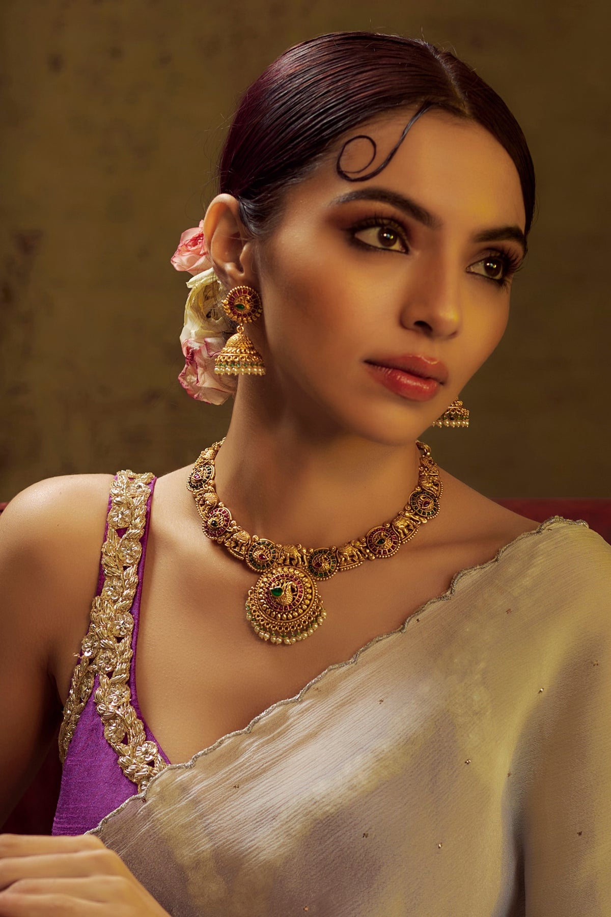Gold Finish Kundan Polki & Multi-Colored Stone Temple Necklace Set