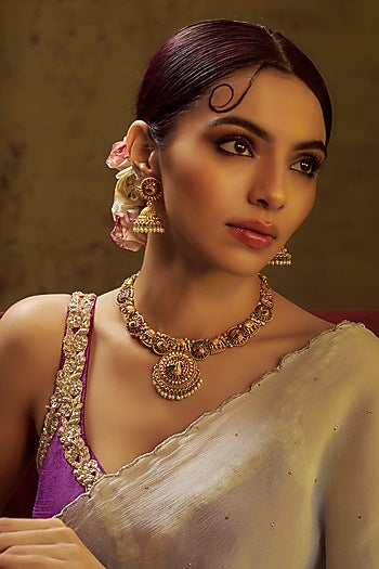 Gold Finish Kundan Polki & Multi-Colored Stone Temple Necklace Set