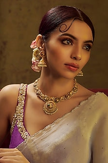 Gold Finish Kundan Polki & Multi-Colored Stone Temple Necklace Set