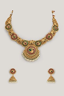 Gold Finish Kundan Polki & Multi-Colored Stone Temple Necklace Set