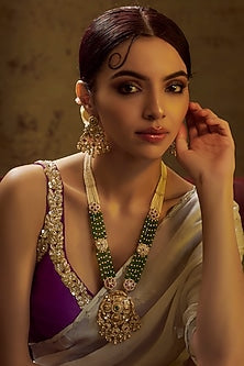 Gold Finish Kundan Polki & Multi-Colored Stone Temple Long Necklace Set