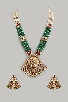 Gold Finish Kundan Polki & Multi-Colored Stone Temple Long Necklace Set