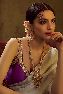Gold Finish Kundan Polki & Multi-Colored Stone Temple Long Necklace Set