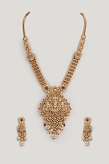 Gold Finish Kundan Polki & Multi-Colored Stone Temple Long Necklace Set