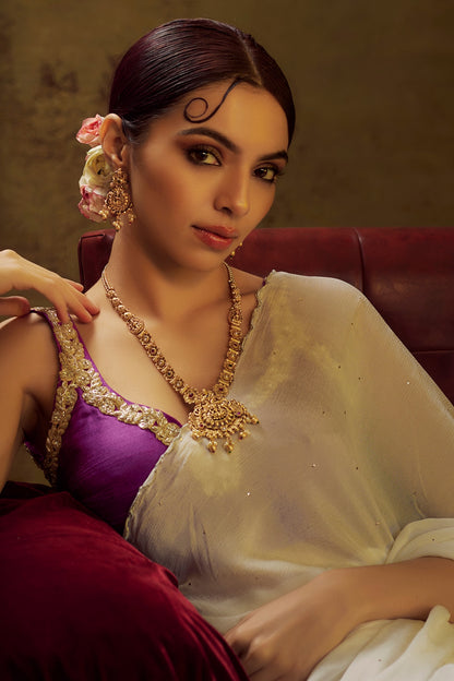 Gold Finish Kundan Polki & Multi-Colored Stone Temple Long Necklace Set