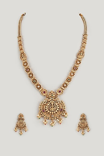 Gold Finish Kundan Polki & Multi-Colored Stone Temple Long Necklace Set