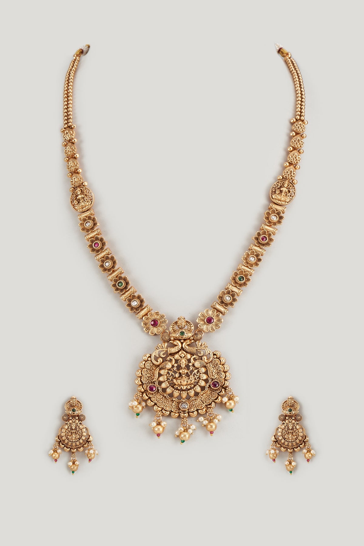 Gold Finish Kundan Polki & Multi-Colored Stone Temple Long Necklace Set