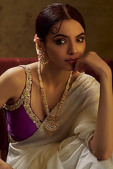 Gold Finish Kundan Polki & Multi-Colored Stone Temple Long Necklace Set