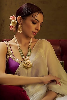 Gold Finish Kundan Polki & Multi-Colored Stone Temple Long Necklace Set