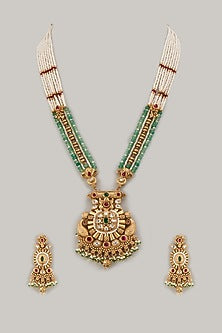 Gold Finish Kundan Polki & Multi-Colored Stone Temple Long Necklace Set