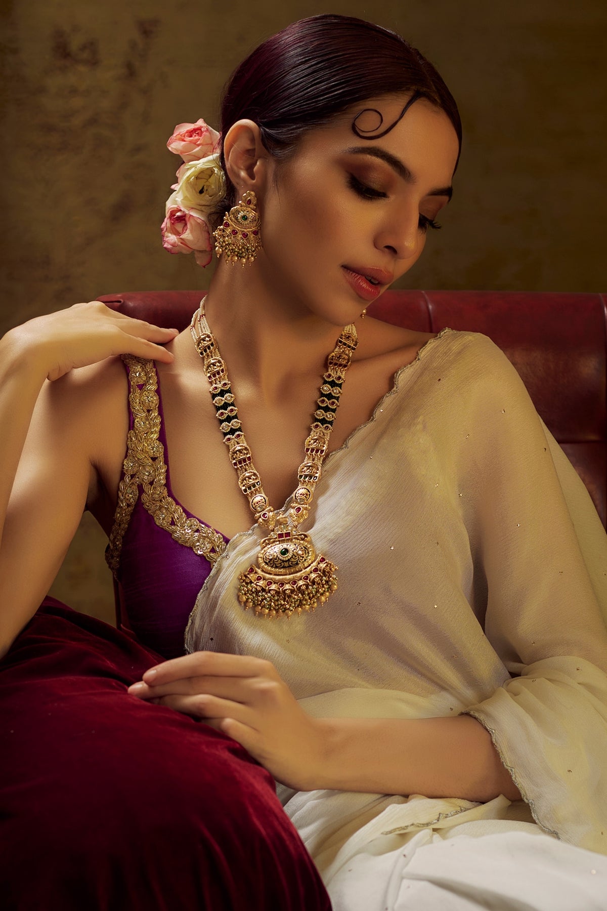 Gold Finish Kundan Polki & Multi-Colored Stone Temple Long Necklace Set