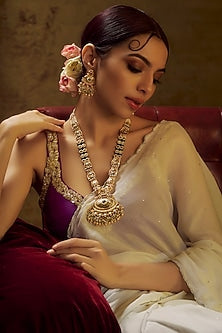 Gold Finish Kundan Polki & Multi-Colored Stone Temple Long Necklace Set