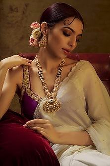 Gold Finish Kundan Polki & Multi-Colored Stone Temple Long Necklace Set