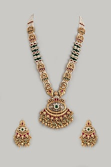 Gold Finish Kundan Polki & Multi-Colored Stone Temple Long Necklace Set