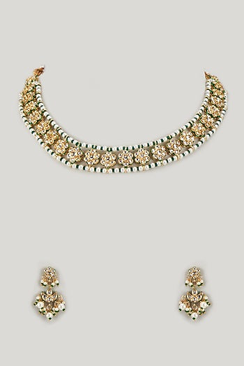 Gold Finish Kundan Polki Temple Necklace Set