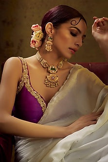 Gold Finish Kundan Polki & Multi-Colored Stone Temple Long Necklace Set