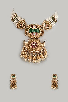 Gold Finish Kundan Polki & Multi-Colored Stone Temple Long Necklace Set