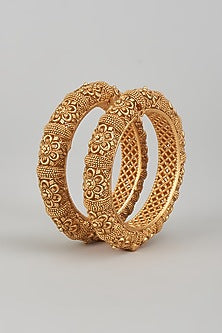 Gold Finish Kundan Polki Temple Bangles (Set of 2)