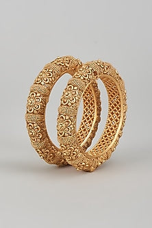 Gold Finish Kundan Polki Temple Bangles (Set of 2)