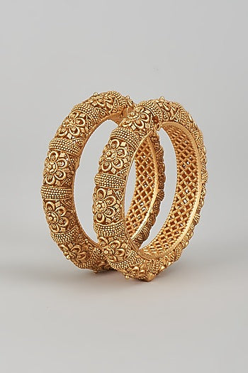 Gold Finish Kundan Polki Temple Bangles (Set of 2)