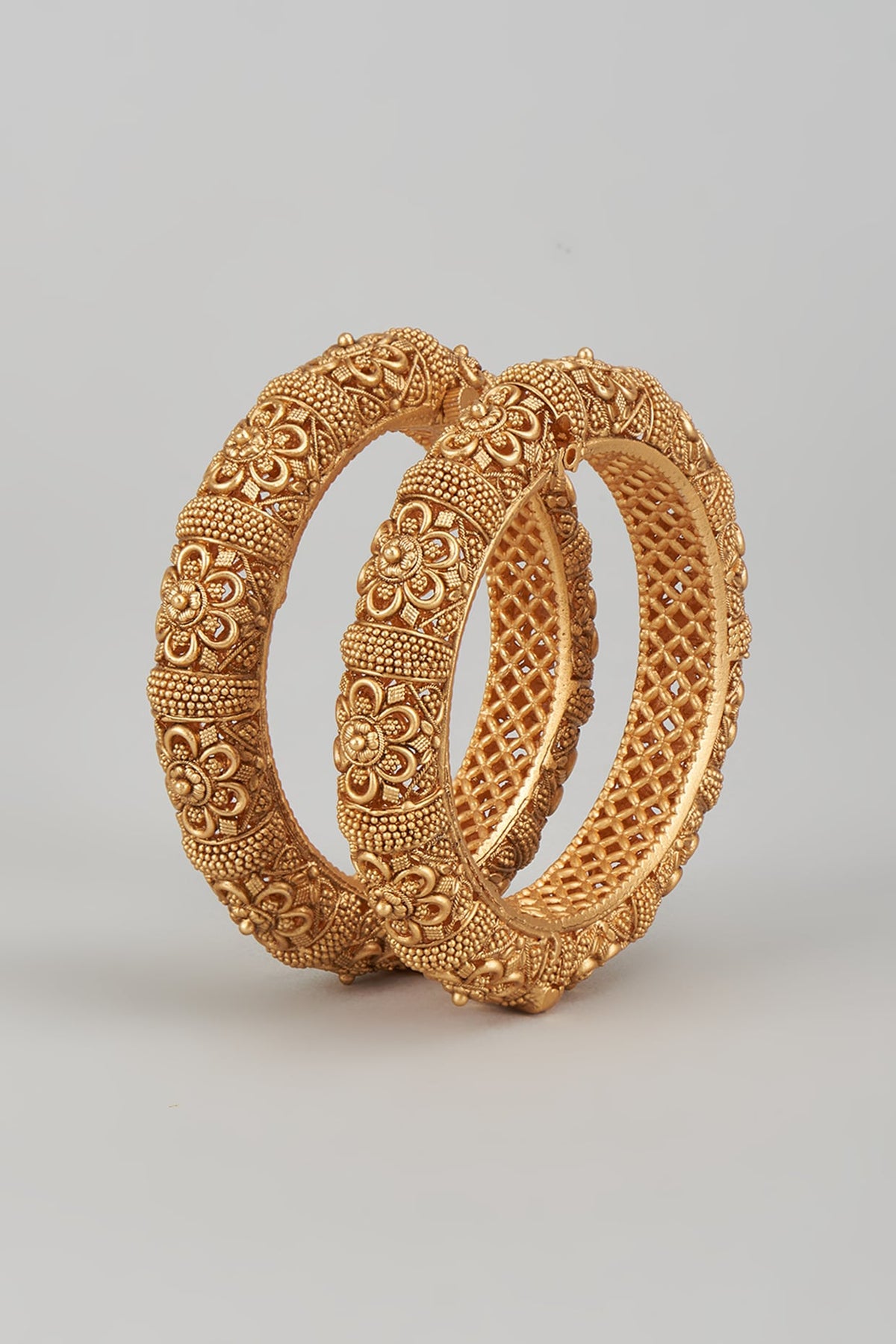 Gold Finish Kundan Polki Temple Bangles (Set of 2)