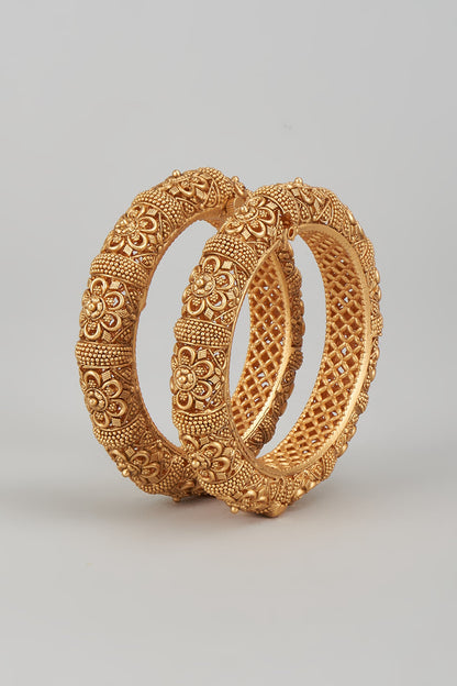 Gold Finish Kundan Polki Temple Bangles (Set of 2)
