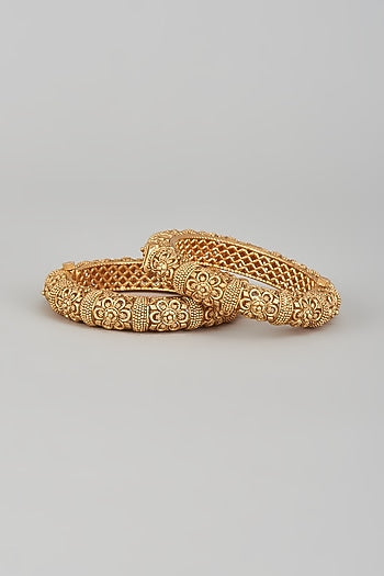 Gold Finish Kundan Polki Temple Bangles (Set of 2)