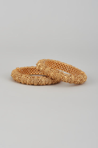 Gold Finish Kundan Polki Temple Bangles (Set of 2)
