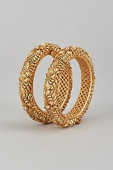 Gold Finish Kundan Polki Temple Bangles (Set of 2)