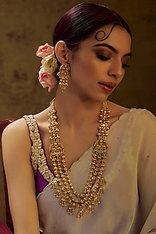 Gold Finish Multi-Colored Stone Temple Long Necklace Set