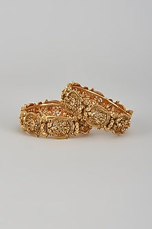 Gold Finish Kundan Polki Temple Bangles (Set of 2)