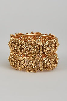Gold Finish Kundan Polki Temple Bangles (Set of 2)