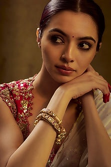 Gold Finish Kundan Polki & Multi-Colored Stone Temple Bangles (Set of 2)