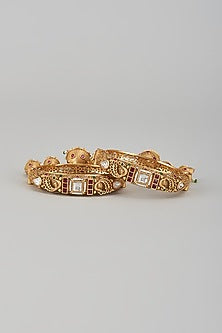 Gold Finish Kundan Polki & Multi-Colored Stone Temple Bangles (Set of 2)