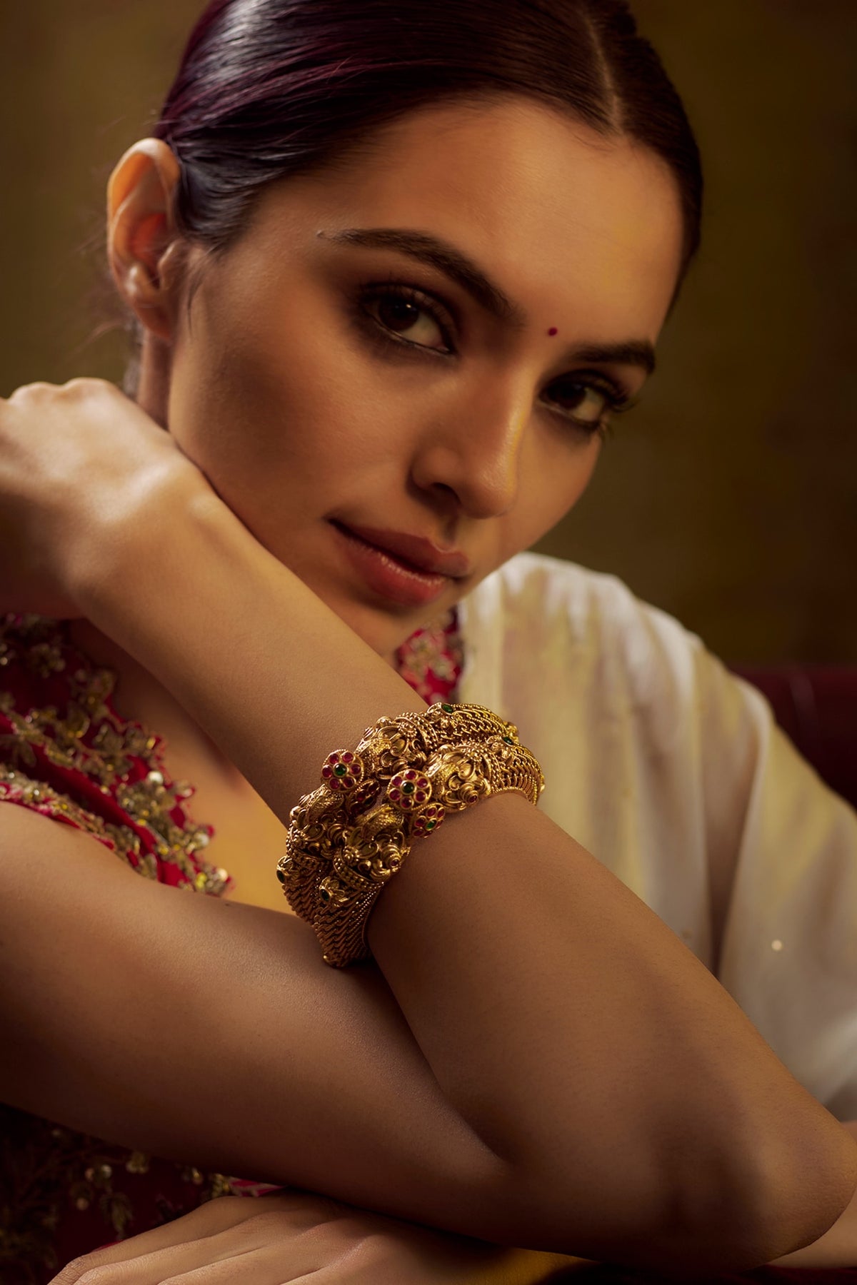 Gold Finish Kundan Polki & Multi-Colored Stone Temple Bangles (Set of 2)