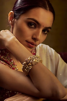 Gold Finish Kundan Polki & Multi-Colored Stone Temple Bangles (Set of 2)