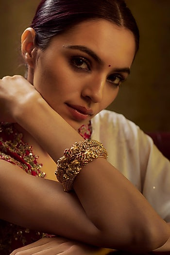 Gold Finish Kundan Polki & Multi-Colored Stone Temple Bangles (Set of 2)