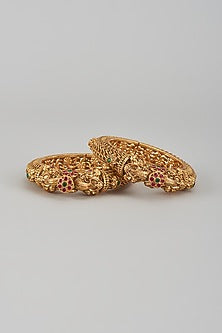 Gold Finish Kundan Polki & Multi-Colored Stone Temple Bangles (Set of 2)