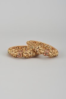 Gold Finish Kundan Polki & Multi-Colored Stone Temple Bangles (Set of 2)