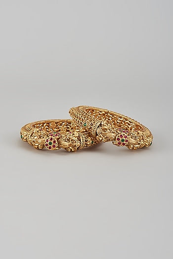 Gold Finish Kundan Polki & Multi-Colored Stone Temple Bangles (Set of 2)