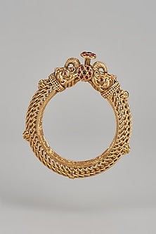 Gold Finish Kundan Polki & Multi-Colored Stone Temple Bangles (Set of 2)