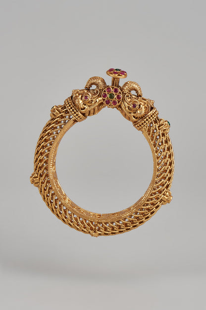 Gold Finish Kundan Polki & Multi-Colored Stone Temple Bangles (Set of 2)