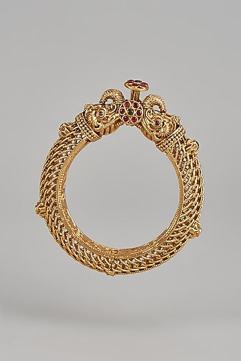 Gold Finish Kundan Polki & Multi-Colored Stone Temple Bangles (Set of 2)
