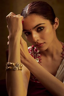 Gold Finish Kundan Polki & Multi-Colored Stone Temple Bangles (Set of 2)