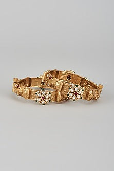 Gold Finish Kundan Polki & Multi-Colored Stone Temple Bangles (Set of 2)